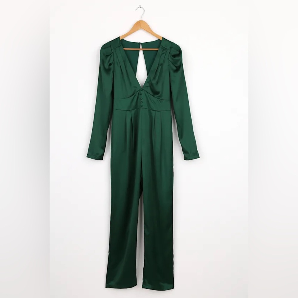 Lulus Make Me a Martini Emerald Green Satin Button-Front Jumpsuit